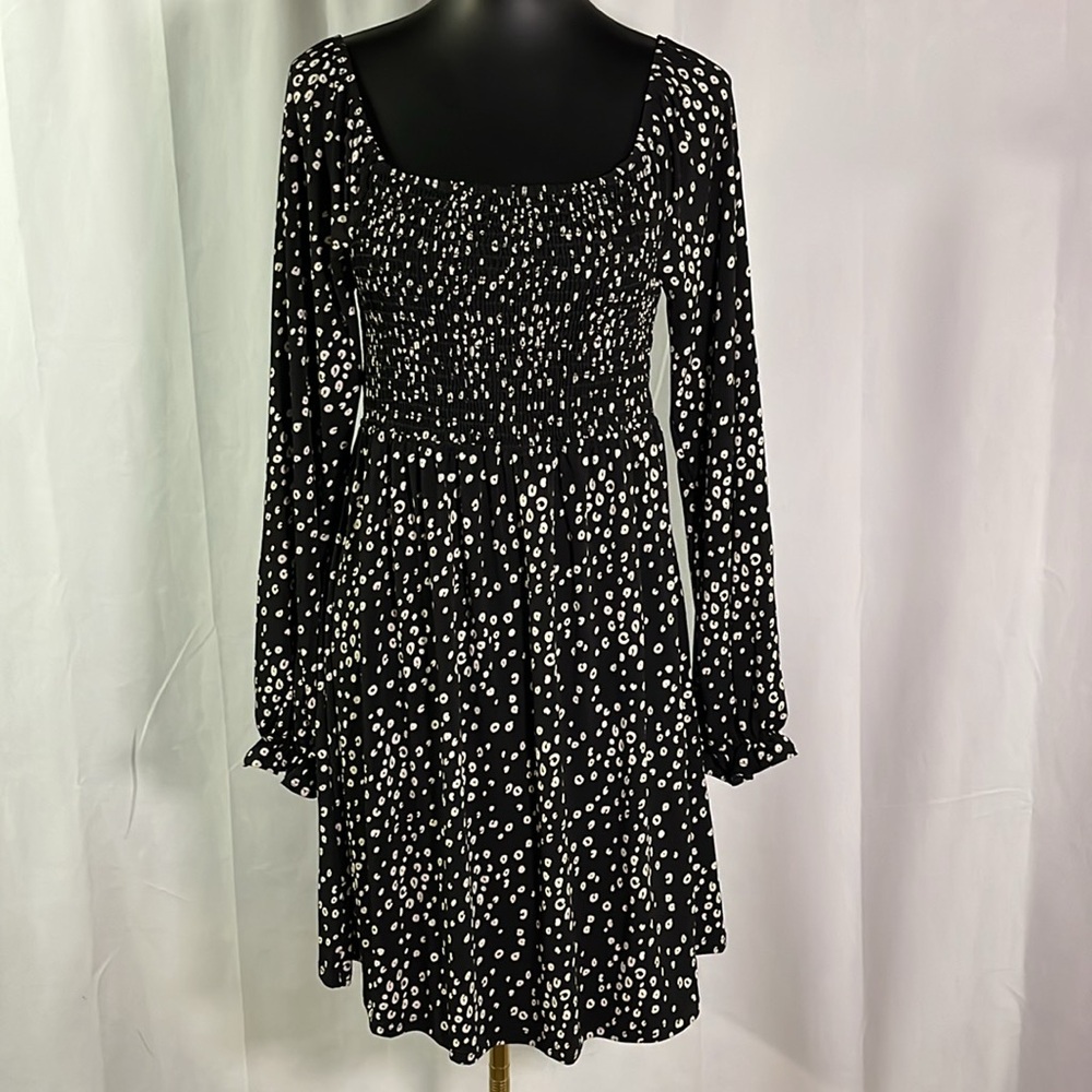 NWOT White Birch Black & Cream Animal Print Smocked Long Sleeve Dress